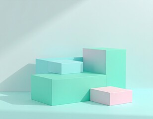 Abstract blue background featuring a 3D render of stacked cubes, with a geometric structure and shadow design