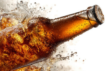 Cold brown glass bottle with water splash and condensation droplets, refreshing beverage concept with dynamic frozen motion and bright lighting