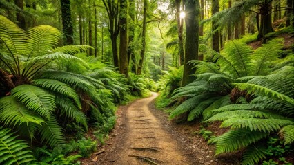 Fototapeta premium Sunlit Path Through a Lush Fern-Filled Forest, Winding Gently Towards a Distant Light