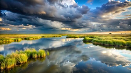 Serene Wetland Reflection of Dramatic Storm Clouds and Golden Hour Sky