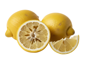 Cluster of dull, blemished lemons: two whole, one torn half with drying pulp, one jagged wedge, against a transparent background. Concept of natural imperfection and forgotten produce