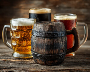 Beer mug wooden barrel rustic foam amber dark ale glass on wooden table