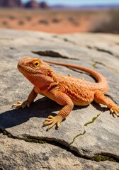Fototapeta premium Bearded dragon basking on the rock in the arid landscape setting