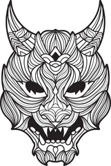 Intricate black and white illustration of a stylized mythological mask with sharp fangs and prominent horns, featuring detailed flowing line patterns.