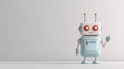 Expressive Animatronic Robot Concept. Cute retro robot character with red eyes and antennas, standing on a clean white background