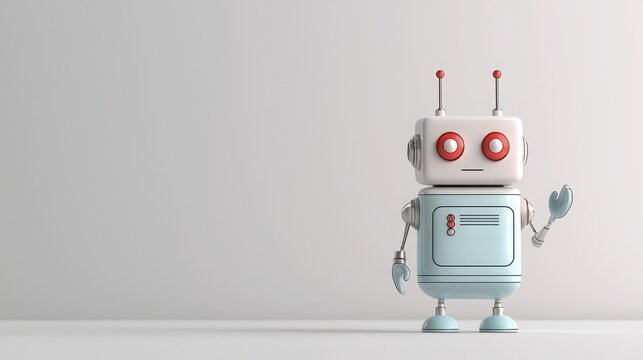 Expressive Animatronic Robot Concept. Cute retro robot character with red eyes and antennas, standing on a clean white background