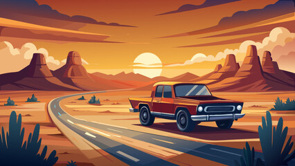 Pickup Truck on Desert Road at Sunset
Golden desert stretches endlessly, a lone pickup rolls across fading horizons, sunset ignites the sky, dust trails behind wheels, silence broken only by whispers 