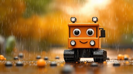 Fototapeta premium Expressive Animatronic Robot Concept. Happy Orange Toy Truck Smiling in Rain with Colorful Background of Autumn Leaves