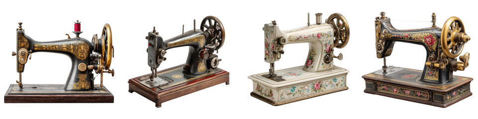 Antique sewing machines collection in various designs and patterns on transparent background