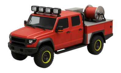 4x4 brush fire engine with roof-mounted floodlights and rear hose reel