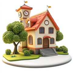 Playful and bright 3D schoolhouse rendered in cartoon style, standing alone on clean white background. Ideal for use in back to school campaigns, preschool flyers or animated explainer videos