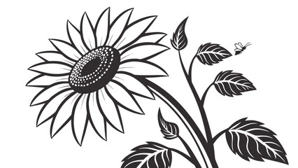 Black and white sunflower illustration with leaves and a small flying insect near the flower
