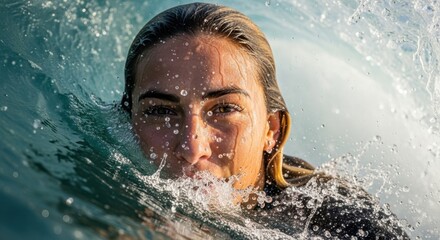 Aquatic immersion female surfer face surrounded by churning ocean spray