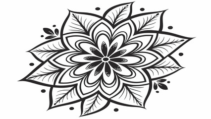 Detailed black and white floral mandala with pointed petals and leaf accents in symmetrical design