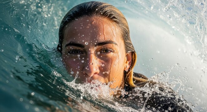 Aquatic immersion female surfer face surrounded by churning ocean spray