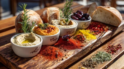 Vibrant Mediterranean Mezze Board with Fresh Dips, Olives, Spices, and Artisan Bread