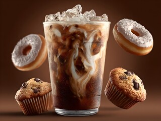 An iced coffee drink with cream is served with fresh muffins and delicious donuts on a brown background.