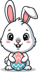 Adorable Cartoon Bunny Holding a Decorated Easter Egg on White rabbit spring
