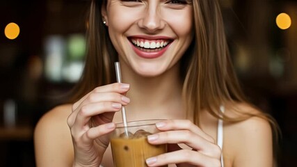 Smiling Woman Sipping Iced Coffee with Glass Straw in Cafe. International Coffee Day