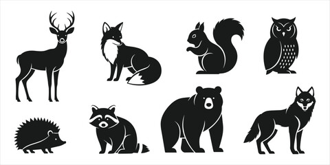 Obraz premium Black and White Silhouettes of Forest Animals in Various Poses deer squirrel