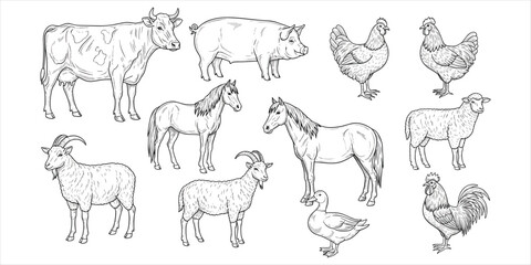 Black and white line art illustrations of farm animals including cows, pigs, horses, and fowl livestock