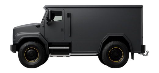 Armored truck with side steps and rear tow hooks