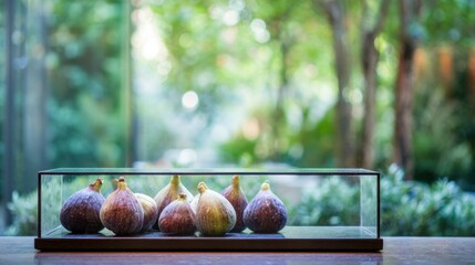Fresh figs in glass container against lush garden backdrop ,National Fig Week