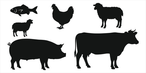 Black silhouettes of farm animals including fish, chicken, sheep, pig, cow white