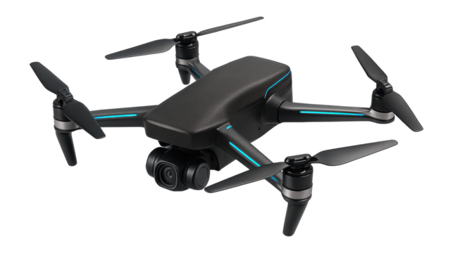 Quadcopter drone with four rotors and a central camera gimbal