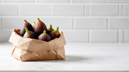 Fresh figs in a paper bag on marble kitchen counter ,National Fig Week
