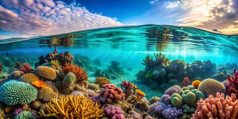 Fototapeta premium Vibrant Underwater Seascape A Breathtaking View of a Coral Reef Ecosystem Flourishing Under a Sunny Sky