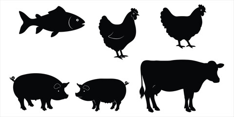 Black Silhouettes of Fish, Two Chickens, Two Pigs, and a Cow white background