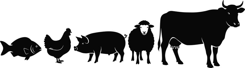 Black Silhouettes of Fish, Chicken, Pig, Sheep, and Cow in a Line white background