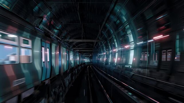 A fast-moving train in a tunnel with vibrant lights and motion blur.