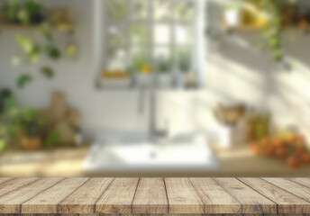 Empty wooden top table with blurred kitchen interior Background. for product display
