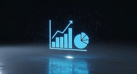 Digital graph with bar chart, line chart, and pie chart, glowing blue