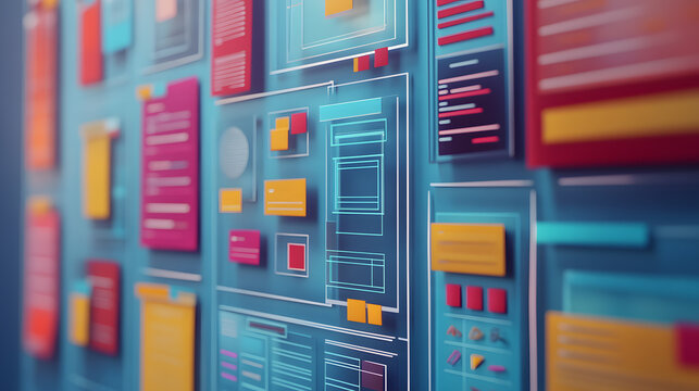 Colorful website wireframes pinned on a wall collaboration, Website development