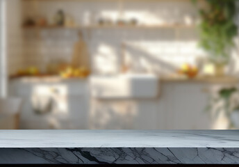 Empty marble top table with blurred kitchen interior Background. for product display.