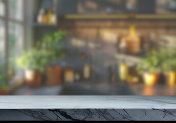 Empty marble top table with blurred kitchen interior Background. for product display.