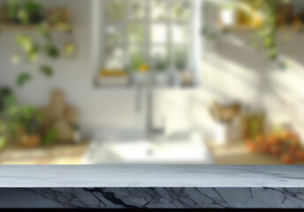 Empty marble top table with blurred kitchen interior Background. for product display.