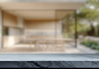 Empty marble top table with blurred kitchen interior Background. for product display.