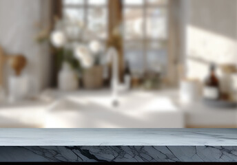 Empty marble top table with blurred kitchen interior Background. for product display.