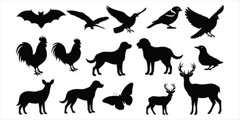 Collection of Black Animal Silhouettes Including Birds Dogs Deer Bat Butterfly white background