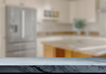 Empty marble top table with blurred kitchen interior Background. for product display.
