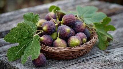 Fresh ripe figs in rustic basket with green leaves on weathered wooden table ,National Fig Week