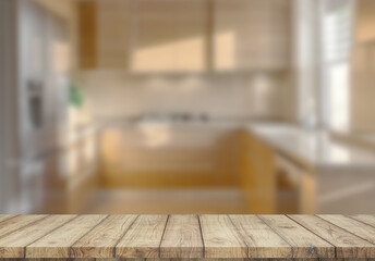 Empty wooden top table with blurred kitchen interior Background. for product display