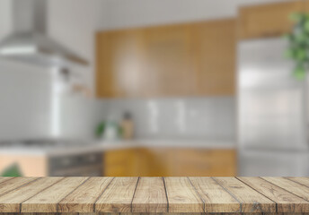 Empty wooden top table with blurred kitchen interior Background. for product display
