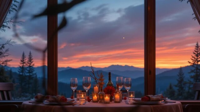 Romantic Christmas Dinner Table Setting with Mountain View at Sunset. 4k video