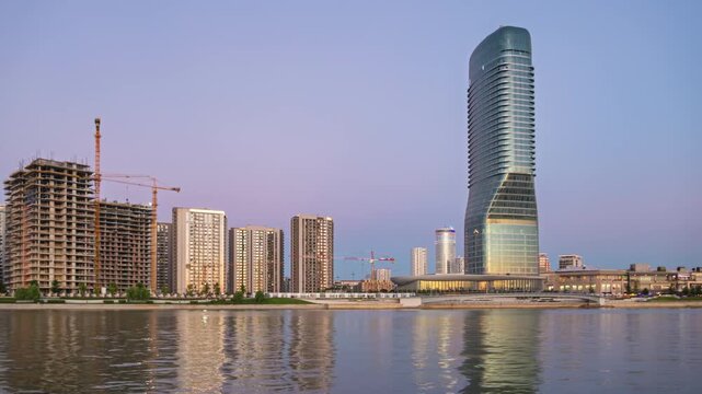 Day to night transition time lapse Belgrade Waterfront (Belgrade on Water), Serbia
