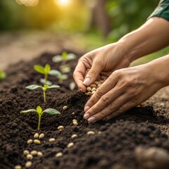 Hands Planting The Seeds Into The Dirt